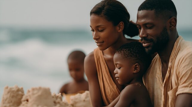 Beachside family bonding with sandcastles and ocean backdrop