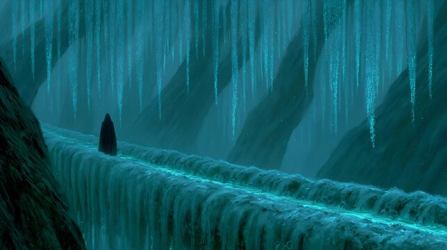 Mysterious cavern with glowing blue waterfalls and a small solitary traveler