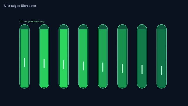 Microalgae bioreactor array animation: carbon capture and sustainable biofuel technology concept renewable energy