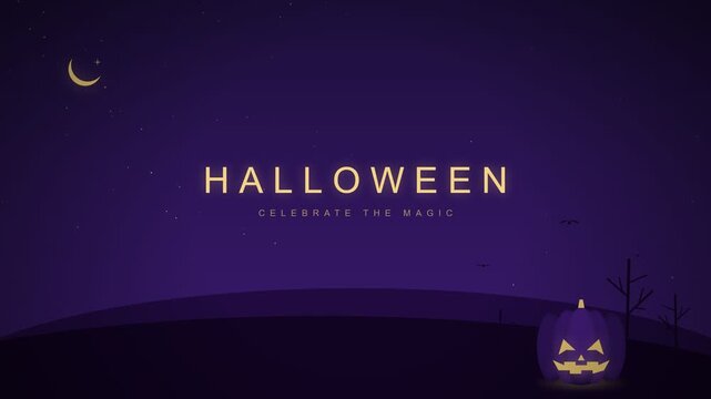 Halloween Night Background with Glowing Pumpkin and Crescent Moon.