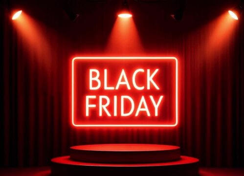Neon Black Friday Sign Illuminated on Dark Stage with Spotlights