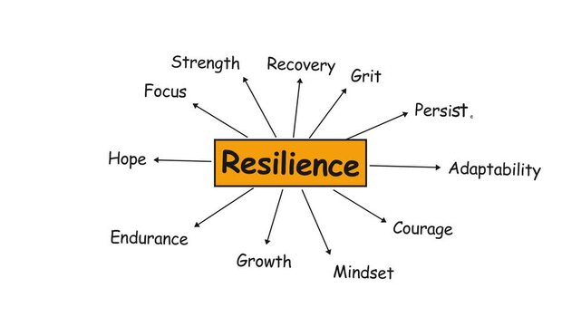 Mind Map of Resilience with Keywords and Concepts on White Background.