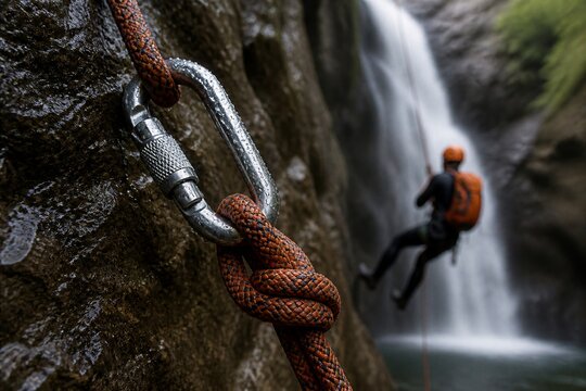 Climbing carabiner secured on rope near waterfall descent