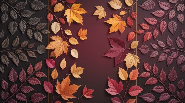 Autumn leaves background with vibrant maple foliage arranged in a decorative border pattern on a dark maroon flat surface design