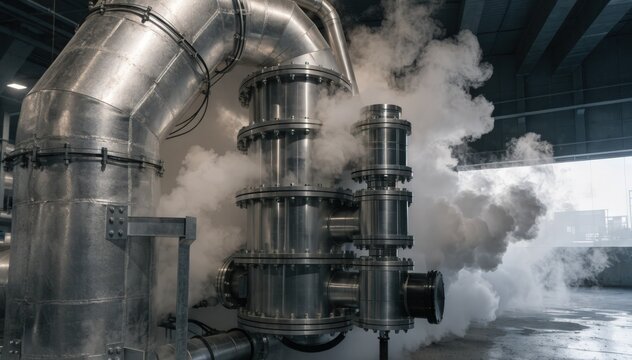 Medium shot of a heat exchanger mounted on an industrial offgas duct showcasing steam generation from recovered waste heat in a modern power facility.