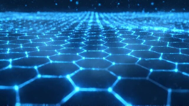 Abstract glowing blue hexagonal grid network flowing in digital space