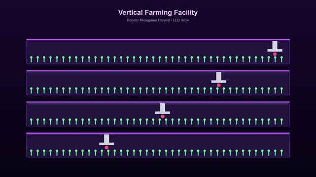 Robotic vertical farming animation: automated microgreen harvesting and led growth system hydroponics