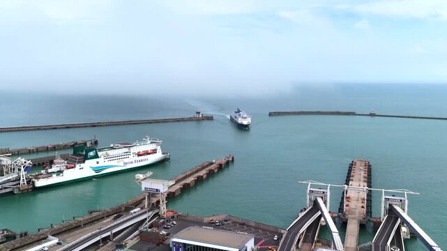 Ferry Entering Port of Dover Harbour Aerial 4K