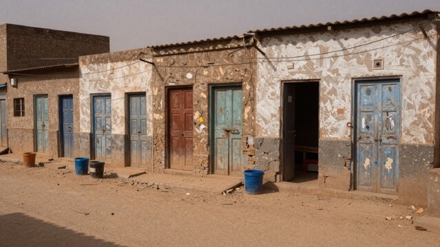 Row old dilapidated houses open area made stone have sloping roof walls covered peeling paint doors painted bl