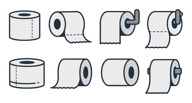 Toilet Paper Rolls Collection: A minimalist graphic collection showcasing various styles and forms of toilet paper rolls, presented in a clean, organized grid. Essential hygiene supply.