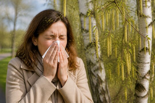 Woman sneezing from pollen beside birch trees outdoors