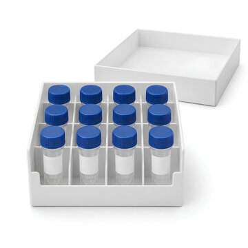 Twelve cryovials in white biobank storage box
