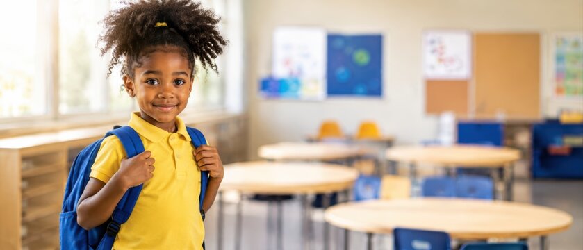 Smiling young girl wearing a yellow shirt and blue backpack in a bright elementary classroom, back to school and early education concept