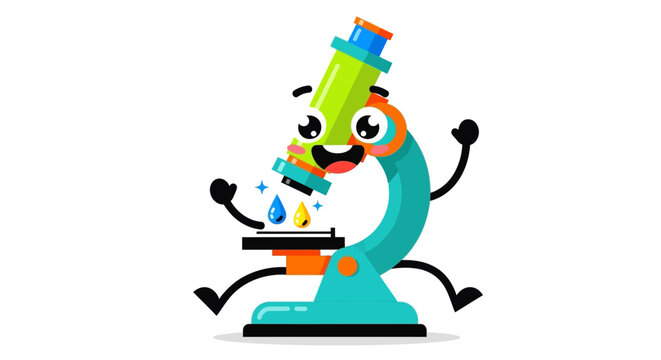 A happy cartoon microscope character stands on a white background
