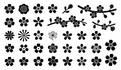 Fototapeta premium Cherry Blossom Silhouettes: A collection of stylized black and white cherry blossom flowers and branches, perfect for graphic design and artistic applications.