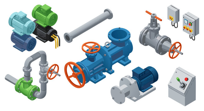 Industrial equipment and machinery components isometric illustration vector design set featuring technical pumps valves and control panels