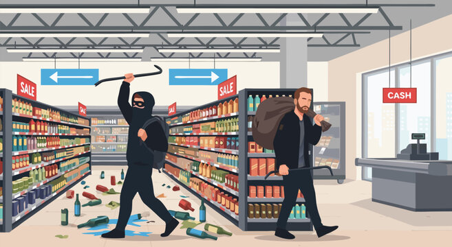 Thieves Robbing Supermarket Store Flat Illustration Vector Design 18
