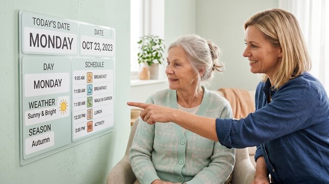Caregiver helping senior woman with dementia using orientation board. Elderly patient looking at daily schedule and calendar on wall in assisted living home