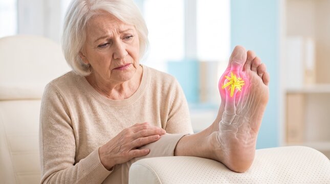 Senior woman suffering from foot pain with a 3D graphic overlay showing gout and uric acid crystals in the big toe joint. Older female patient experiencing joint inflammation and arthritis