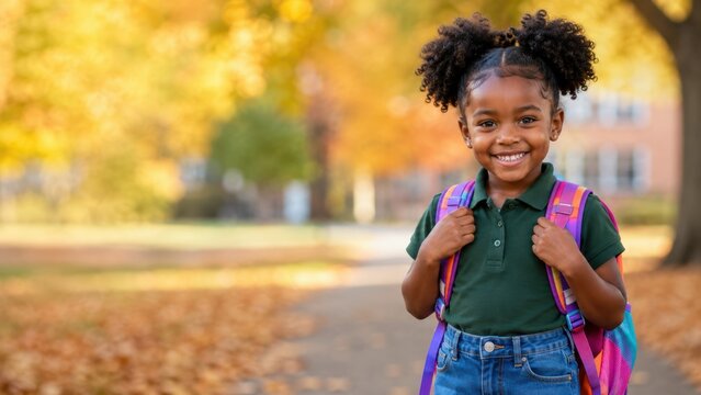 Smiling young Black schoolgirl wearing a colorful backpack outdoors near a school campus in autumn, representing a cheerful back to school experience, confidence and new academic beginnings