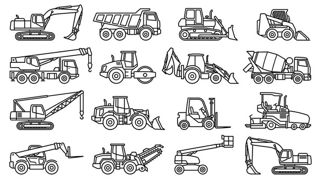 Black and white construction machinery silhouettes aligned in rows flat vector style
