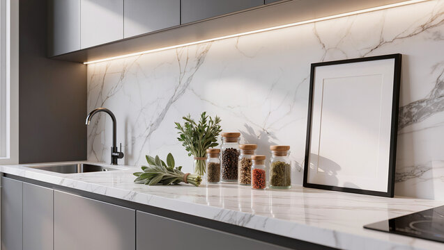 Modern Kitchen Countertop with Marble Backsplash, Spices, Herbs, and Frame Mockup