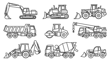 Obraz premium Black and white construction machinery silhouettes aligned in rows flat vector style 