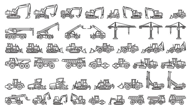 Black and white construction machinery silhouettes aligned in rows flat vector style
