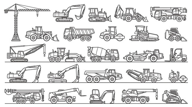 Black and white construction machinery silhouettes aligned in rows flat vector style
