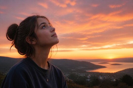 Young woman gazing toward sunset over coastal hillside