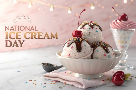 National ice cream day celebration featuring three scoops of vanilla ice cream topped with chocolate syrup colorful sprinkles