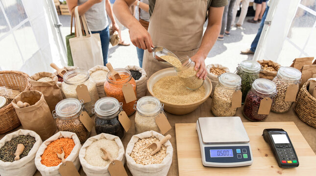 Dry Goods Vendor Using Modern Scale At Contemporary Farmers Market