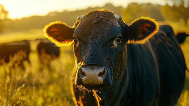 A cow gazing intently into the camera, set against a backdrop of nature's beauty. The captures the serene essence of rural life.