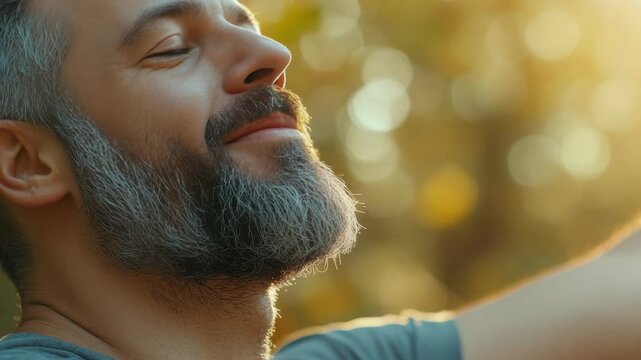A man with a full beard and mustache smiles as he closes his eyes in the warm glow of the sun. The captures a moment of serenity and contentment.
