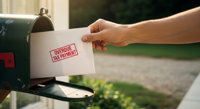 Hand places overdue tax payment letter into rustic mailbox, concept of financial responsibility and deadlines