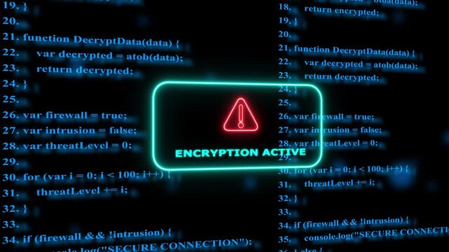 Cyber security encryption active warning with scrolling programming code background, data protection coding