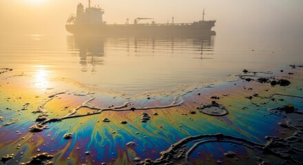Fototapeta premium Vibrant oil slick on calm water with tanker silhouette at sunset, environmental disaster symbolism