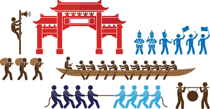 Vector illustration of traditional cultural festival activities with people rowing boat playing drums and celebrating community spirit concept