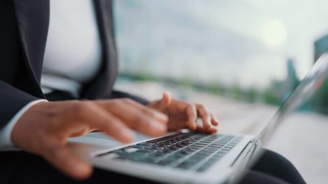Female user with laptop, closeup of hands typing message on keyboard, freelance. It professional or businesswoman sending emails by computer, work online and e-learning worldwide, internet fraud
