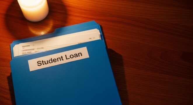 Student loan folder on wooden table, lit by candlelight, symbolizing financial planning and education investment