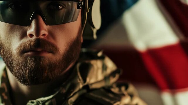 A young man in military gear stands resolute with an American flag in the background.