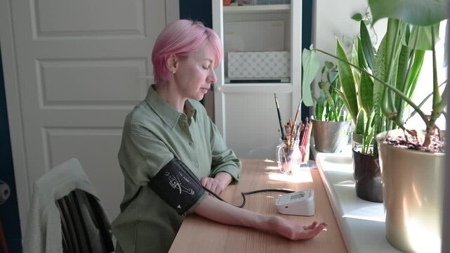Mature woman seated at table preparing to check blood pressure using tonometer, female taking care of health at age of 50, using electronic device monitoring results. Reaction to change in weather 