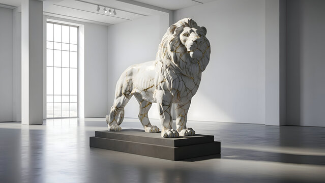 Marble lion statue on pedestal in modern art gallery with natural light