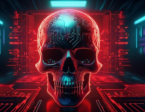digital skull malware alert showing on computer screen with red glitched code and hacking