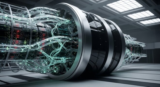 Futuristic bio-silicon supercomputer with glowing neural network wires and complex circuitry in a modern data center