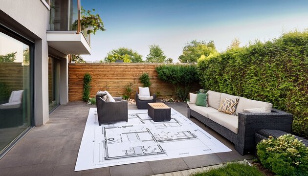 modern courtyard garden master plan with outdoor furniture and residential landscape layout