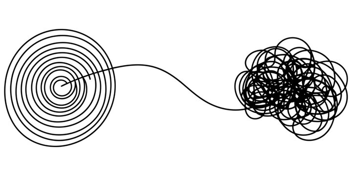 Black ink line drawing showing a neat spiral circle transition into a messy tangled scribble representing the move from order to chaos and confusion concept Vector, illustration