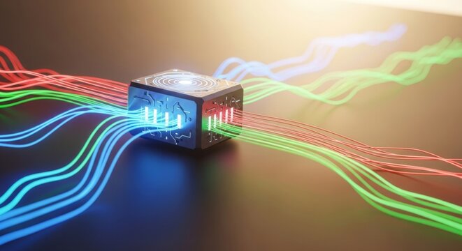 Futuristic digital node processing vibrant data streams, abstract concept for advanced technology, AI, and network routing