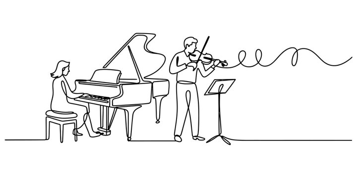 Continuous one line drawing of a woman playing piano and a man playing violin together during a classical music rehearsal for a live concert performance Vector, illustration