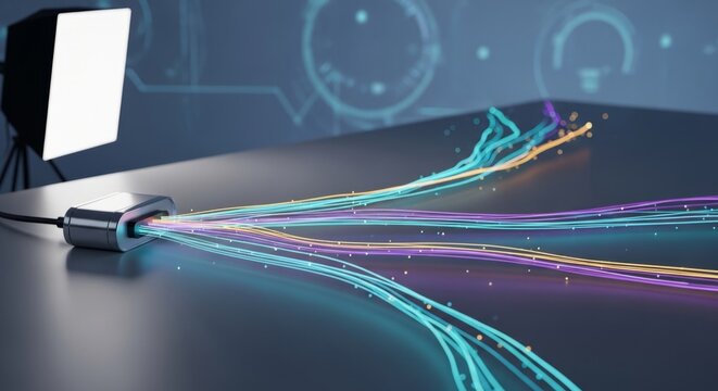 Digital data streams split from central node into multiple parallel pathways on a sleek desk, representing network connectivity and innovative information flow.
